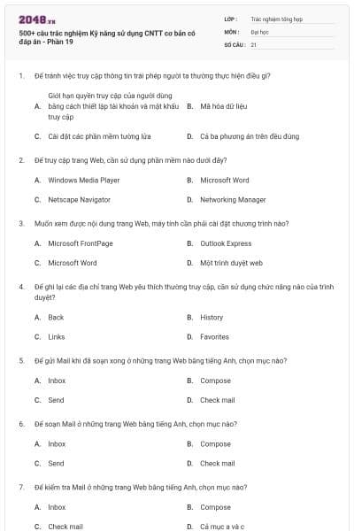 500+ câu trắc nghiệm Kỹ năng sử dụng CNTT cơ bản có đáp án - Phần 19
