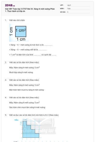 Giải VBT Toán lớp 3 CTST Bài 33. Xăng-ti-mét vuông Phần 1. Thực hành có đáp án