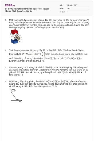 Đề thi thử Tốt nghiệp THPT môn Vật lí THPT Nguyễn Khuyến (Bình Dương) có đáp án