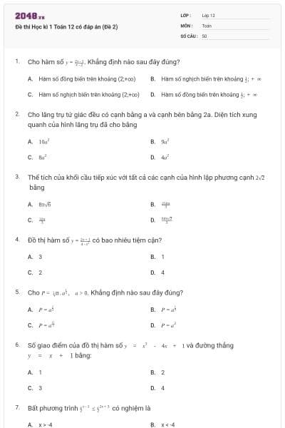 Đề thi Học kì 1 Toán 12 có đáp án (Đề 2)