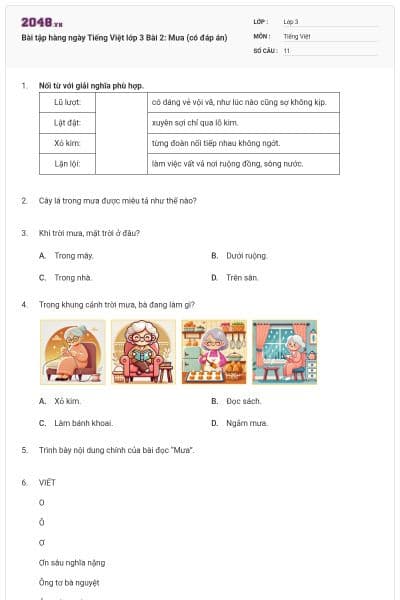 Bài tập hàng ngày Tiếng Việt lớp 3 Bài 2: Mưa (có đáp án)
