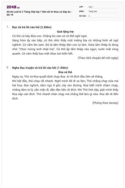 Đề thi cuối kì 2 Tiếng Việt lớp 1 Kết nối tri thức có đáp án - Đề 19