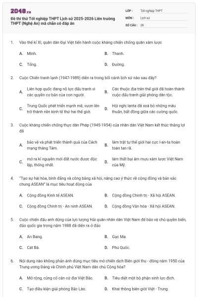 Đề thi thử Tốt nghiệp THPT Lịch sử 2025-2026 Liên trường THPT (Nghệ An) mã chẵn có đáp án