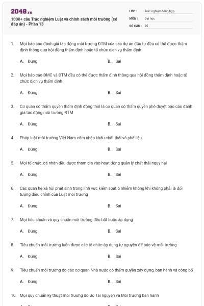 1000+ câu Trắc nghiệm Luật và chính sách môi trường (có đáp án) - Phần 13
