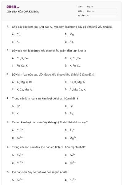 DÃY ĐIỆN HÓA CỦA KIM LOẠI