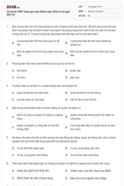 30 đề thi THPT Quốc gia môn GDCD năm 2022 có lời giải (Đề 19)