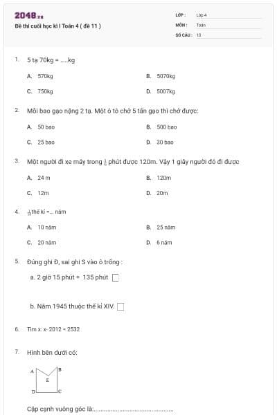 Đề thi cuối học kì I Toán 4 ( đề 11 )