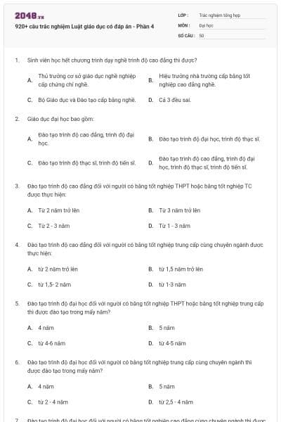 920+ câu trắc nghiệm Luật giáo dục có đáp án - Phần 4