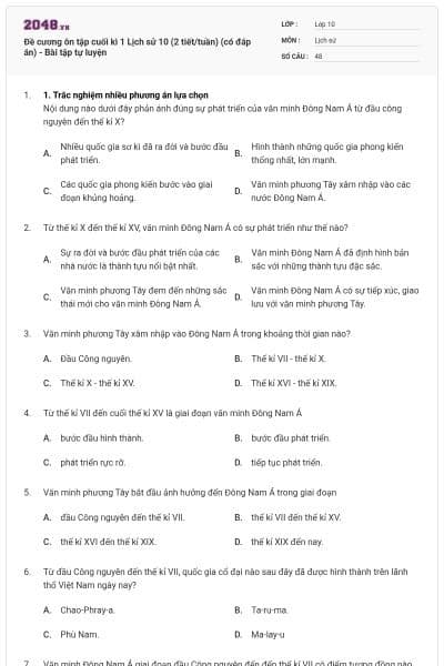 Đề cương ôn tập cuối kì 1 Lịch sử 10 (2 tiết/tuần) (có đáp án) - Bài tập tự luyện