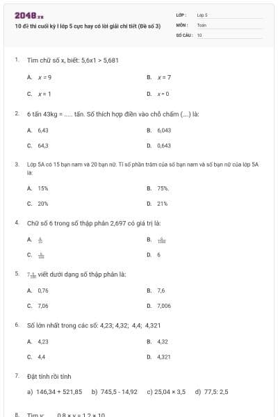 10 đề thi cuối kỳ I lớp 5 cực hay có lời giải chi tiết (Đề số 3)
