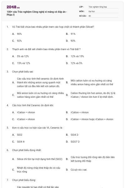 100+ câu Trắc nghiệm Công nghệ xi măng có đáp án - Phần 5