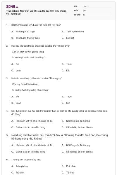 Trắc nghiệm Ngữ Văn lớp 11: (có đáp án) Tìm hiểu chung về Thương vợ