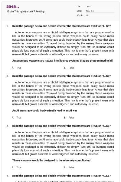 15 câu  Trắc nghiệm Unit 7 Reading