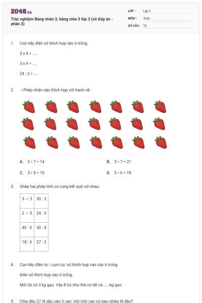 Trắc nghiệm Bảng nhân 3, bảng chia 3 lớp 3 (có đáp án - phần 3)