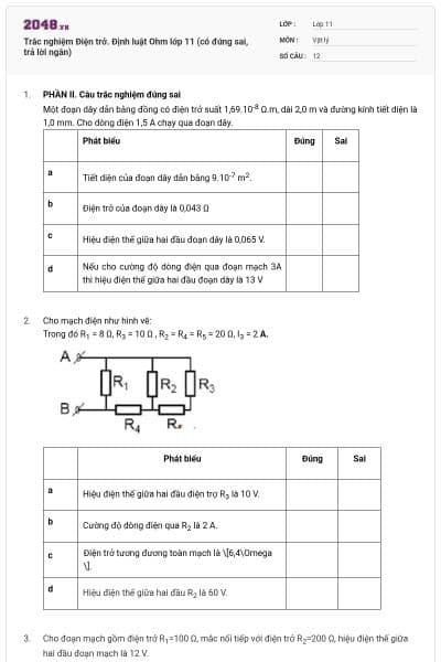 Trắc nghiệm Điện trở. Định luật Ohm lớp 11 (có đúng sai, trả lời ngắn)