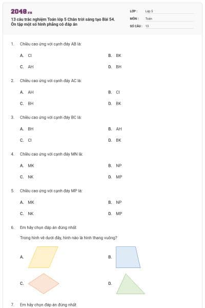 13 câu trắc nghiệm Toán lớp 5 Chân trời sáng tạo Bài 54. Ôn tập một số hình phẳng có đáp án