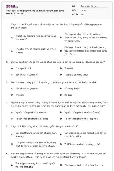 100+ câu Trắc nghiệm thông tin thuốc và cảnh giác dược có đáp án - Phần 1