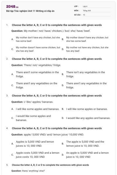 Bài tập Trắc nghiệm Unit 11 Writing có đáp án