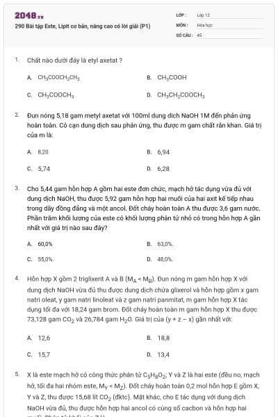 290 Bài tập Este, Lipit cơ bản, nâng cao có lời giải (P1)