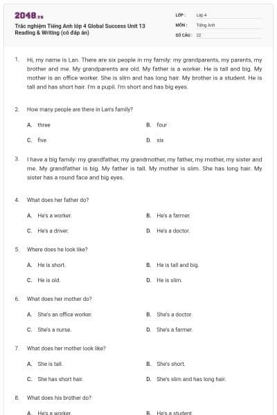 Trắc nghiệm Tiếng Anh lớp 4 Global Success Unit 13 Reading & Writing (có đáp án)