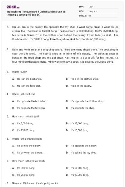 Trắc nghiệm Tiếng Anh lớp 4 Global Success Unit 18 Reading & Writing (có đáp án)