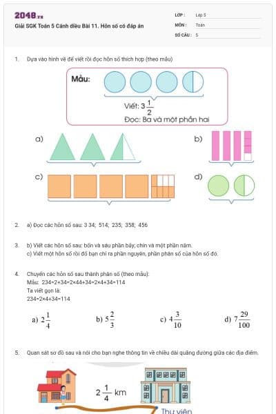 Giải SGK Toán 5 Cánh diều Bài 11. Hỗn số có đáp án