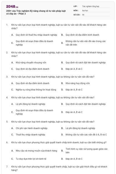 200+ câu Trắc nghiệm Kỹ năng chung về tư vấn pháp luật có đáp án - Phần 3