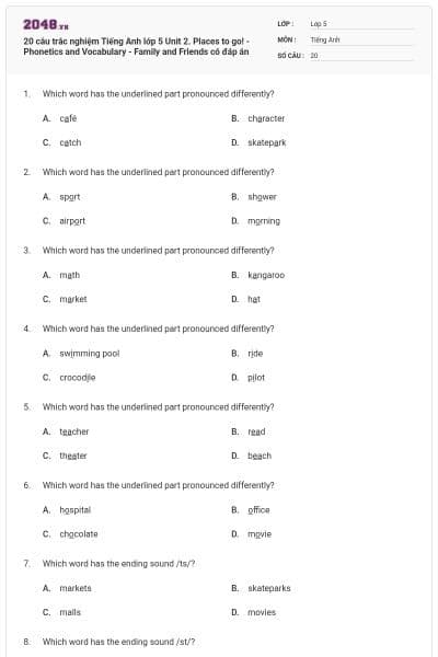 20 câu trắc nghiệm Tiếng Anh lớp 5 Unit 2. Places to go! - Phonetics and Vocabulary - Family and Friends có đáp án