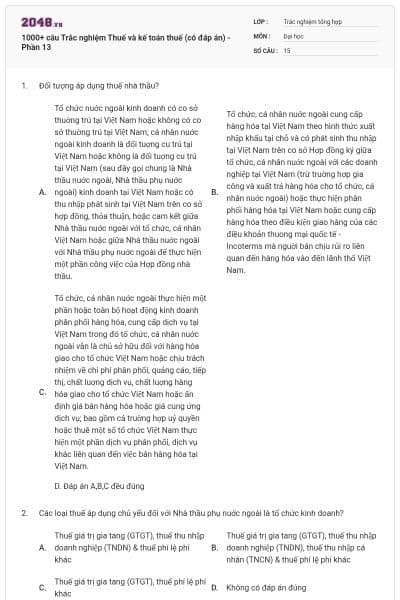 1000+ câu Trắc nghiệm Thuế và kế toán thuế (có đáp án) - Phần 13