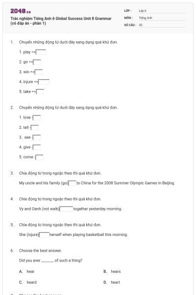Trắc nghiệm Tiếng Anh 6 Global Success Unit 8 Grammar (có đáp án - phần 1)