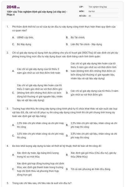 100+ câu Trắc nghiệm Định giá xây dựng (có đáp án) - Phần 4