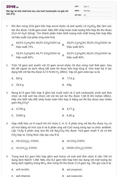 Bài tập về tính chất hóa học của Axit Cacboxylic có giải chi tiết (P3)
