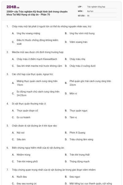 2000+ câu Trắc nghiệm Kỹ thuật hình ảnh trong chuyên khoa Tai Mũi Họng có đáp án - Phần 70