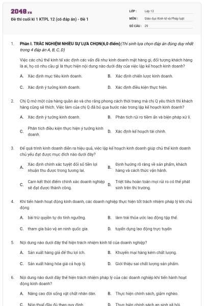 Đề thi cuối kì 1 KTPL 12 (có đáp án) - Đề 1