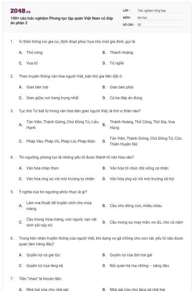 100+ câu trắc nghiệm Phong tục tập quán Việt Nam có đáp án  phần 2