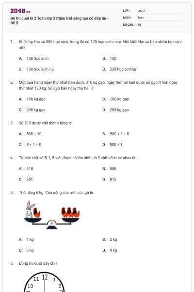 Đề thi cuối kì 2 Toán lớp 2 Chân trời sáng tạo có đáp án - Đề 3