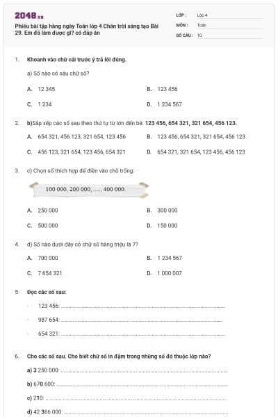Phiếu bài tập hàng ngày Toán lớp 4 Chân trời sáng tạo Bài 29. Em đã làm được gì? có đáp án