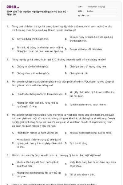 600+ câu Trắc nghiệm Nghiệp vụ hải quan (có đáp án) - Phần 10