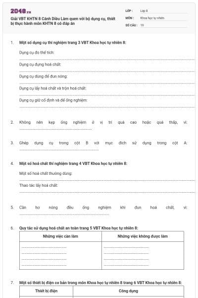 Giải VBT KHTN 8 Cánh Diều Làm quen với bộ dụng cụ, thiết bị thực hành môn KHTN 8 có đáp án