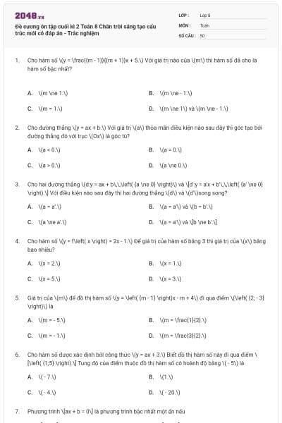Đề cương ôn tập cuối kì 2 Toán 8 Chân trời sáng tạo cấu trúc mới có đáp án - Trắc nghiệm
