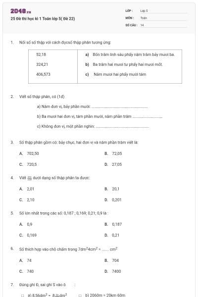 25 Đề thi học kì 1 Toán lớp 5( Đề 22)