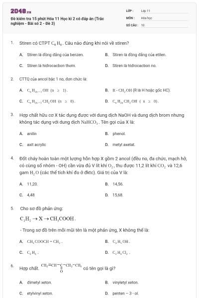 Đề kiểm tra 15 phút Hóa 11 Học kì 2 có đáp án (Trắc nghiệm - Bài số 2 - Đề 3)