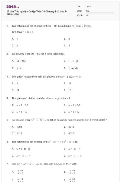 15 câu Trắc nghiệm Ôn tập Toán 10 Chương 4 có đáp án (Nhận biết)