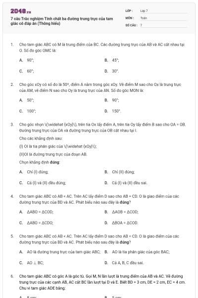 7 câu Trắc nghiệm Tính chất ba đường trung trực của tam giác có đáp án (Thông hiểu)