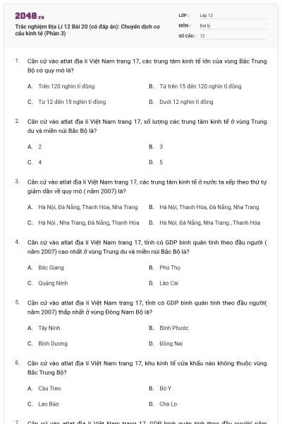 Trắc nghiệm Địa Lí 12 Bài 20 (có đáp án): Chuyển dịch cơ cấu kinh tế (Phần 3)