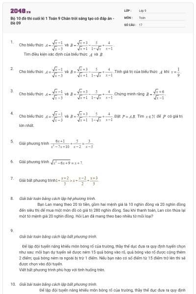 Bộ 10 đề thi cuối kì 1 Toán 9 Chân trời sáng tạo có đáp án - Đề 09