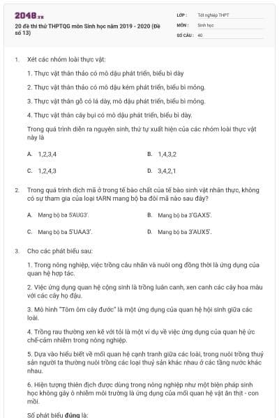20 đề thi thử THPTQG môn Sinh học năm 2019 - 2020 (Đề số 13)