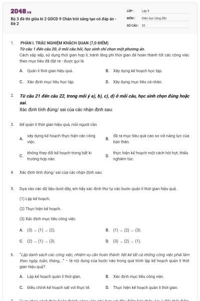 Bộ 3 đề thi giữa kì 2 GDCD 9 Chân trời sáng tạo có đáp án - Đề 2