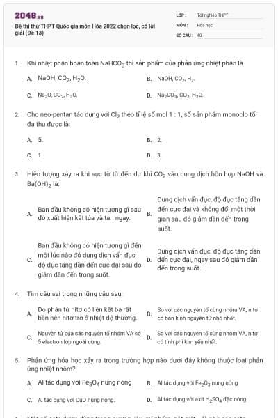 Đề thi thử THPT Quốc gia môn Hóa 2022 chọn lọc, có lời giải (Đề 13)