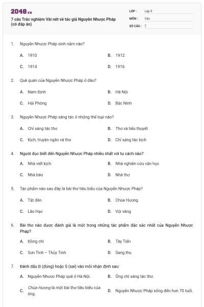 7 câu Trắc nghiệm Vài nét về tác giả Nguyễn Nhược Pháp (có đáp án)